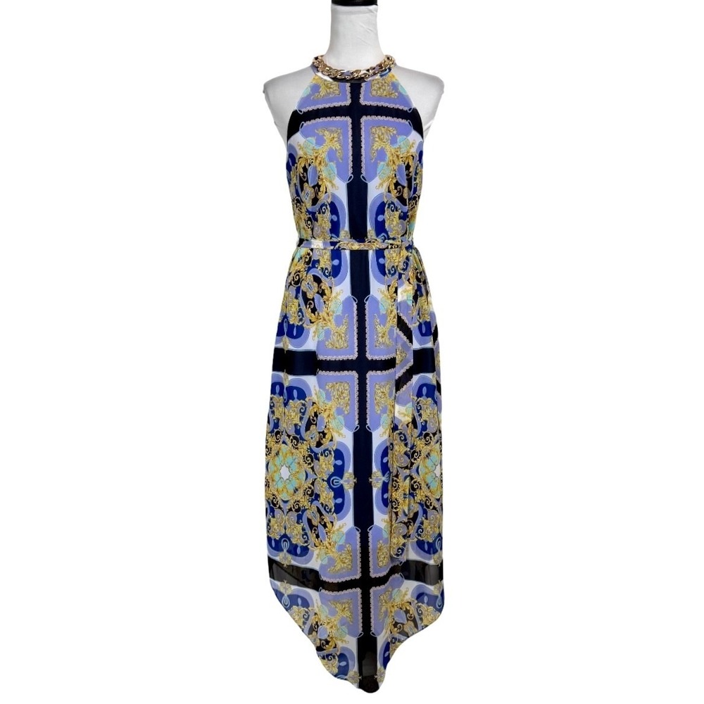 NWT‎ Bold Elements Halter Maxi Dress Sz XS Chiffon Chain Belted Tropical Foulard
